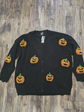 Social Collision 3D Pumpkin Destructed Girls Knit Cardigan Goth Halloween
